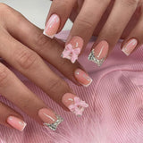 24 szt. Różowa kokardka z diamentem tabletki do francuskiego Manicure kwadratowe paznokcie wzór ze strasami Nude różowe sztuczne paznokcie Full Cover klej Manicure