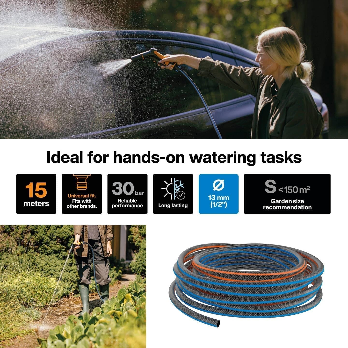 Wąż ogrodowy Fiskars S, seria X, wąż wodny do ręcznego podlewania, 13mm (1/2"), długość: 15m, złącze uniwersalne, ochrona przed promieniowaniem UV, ochrona przed mrozem, odporny na skręcanie, niebieski, 1076044