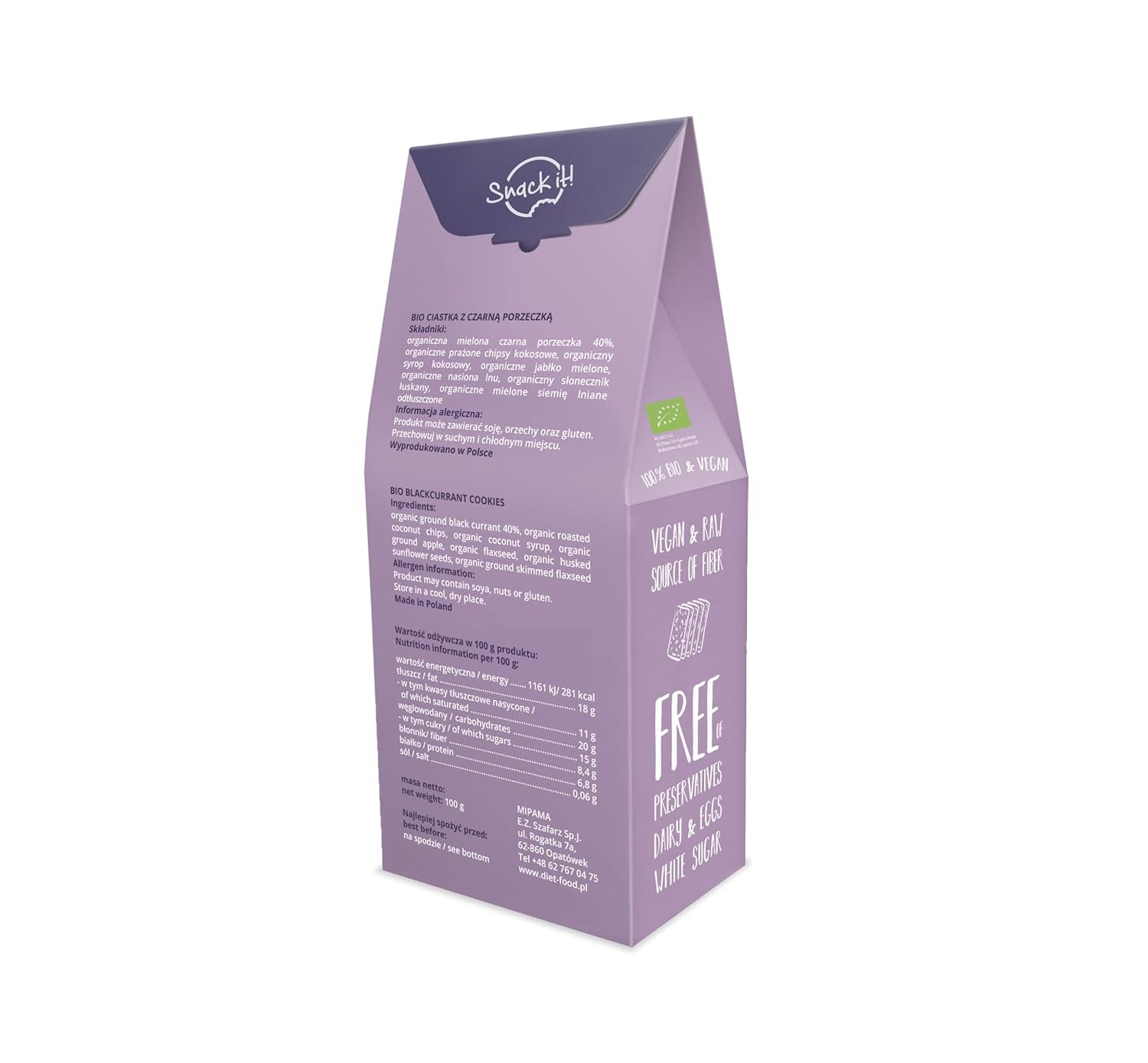 DIET-FOOD RAW Organiczne ciasteczka z czarną porzeczką Zdrowa przekąska Pyszne ciasteczka biurowe Bez konserwantów 100g (1 opakowanie)