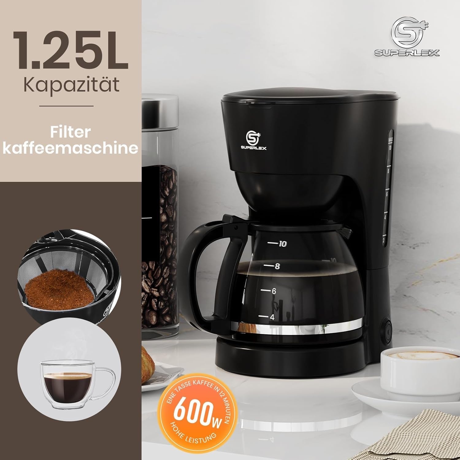 Ekspres do kawy z filtrem o pojemności 1,25 l na 10 filiżanek kawy filtrowanej, szklana karafka, którą można myć w zmywarce, termos, system zapobiegający kapaniu, automatyczne wyłączanie, 600 W, zabezpieczenie przed gotowaniem bez wody do domu i biura