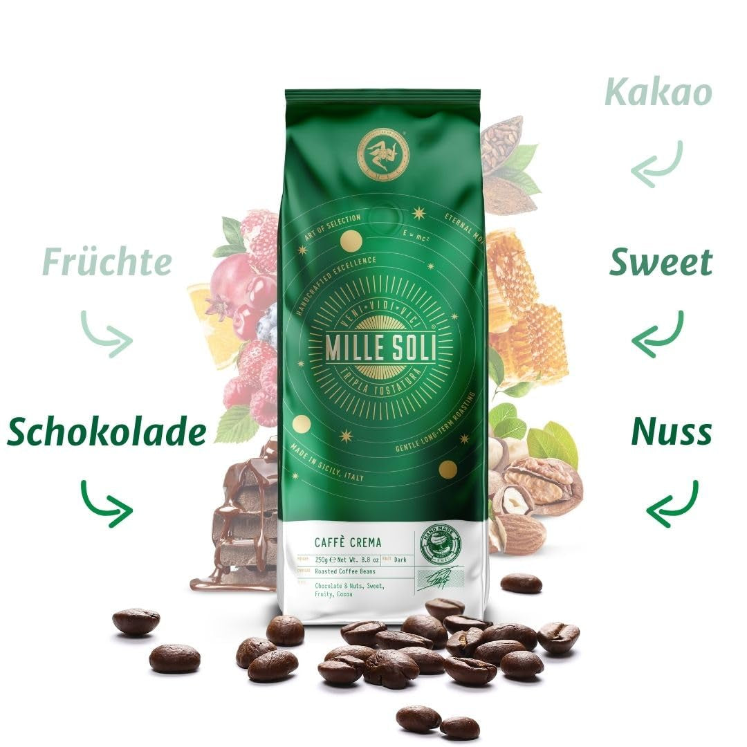 Caffè Crema - Kawa ziarnista palona na Sycylii - Tradycyjny długi proces palenia z doskonałą pianką, worek 250 g, wyjątkowo niska kwasowość do w pełni automatycznych maszyn i kolby