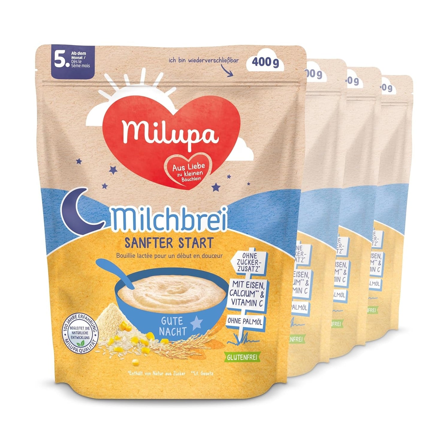 Kaszka mleczna Milupa Gentle Start - Płatki dla niemowląt bez glutenu, bez oleju palmowego - Bez konserwantów i barwników - Od 5 miesiąca - 4 x 400 g