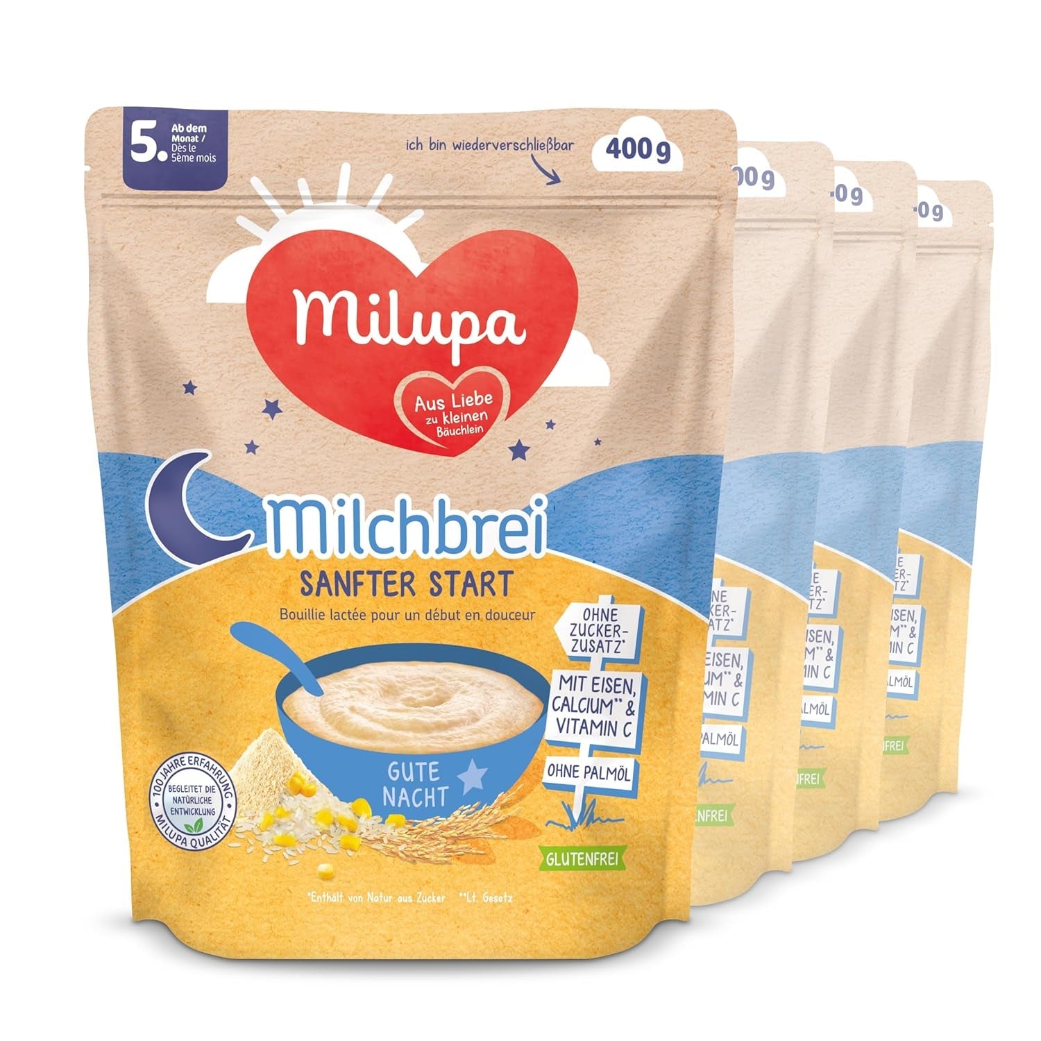Kaszka mleczna Milupa Gentle Start - Płatki dla niemowląt bez glutenu, bez oleju palmowego - Bez konserwantów i barwników - Od 5 miesiąca - 4 x 400 g