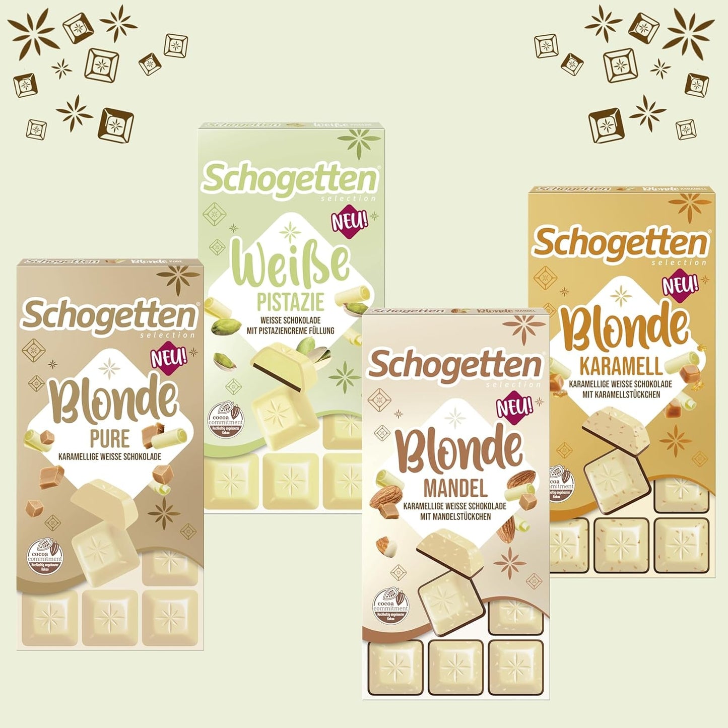 Schogetten Biała Pistacja | Biała czekolada z nadzieniem z kremu pistacjowego | 100 g | Wygodnie porcjowane (zestaw 3 szt.)