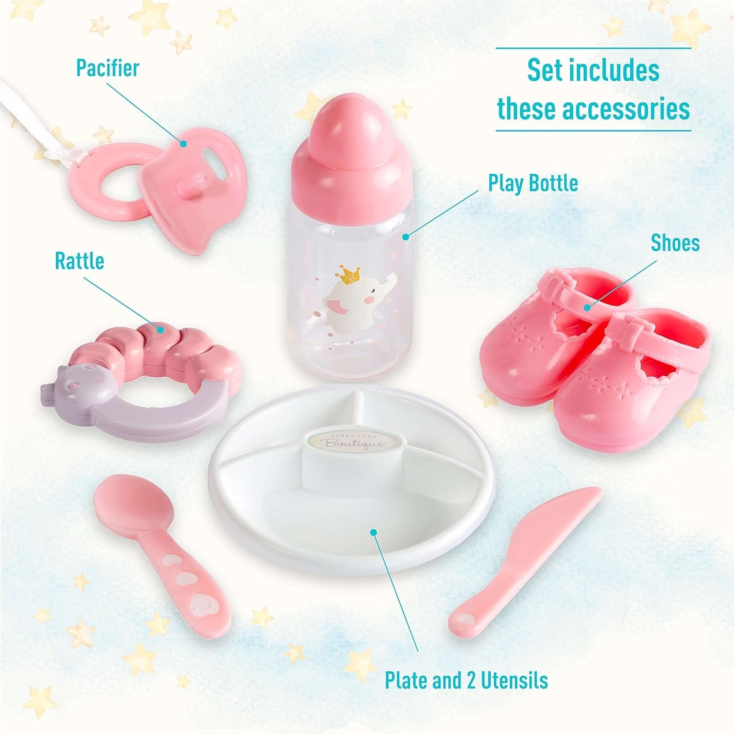 JC Toys - Berenguer Boutique 38 cm, miękka, realistyczna lalka z otwartymi/zamkniętymi ustami, 10-częściowy zestaw upominkowy, butelka dla dziecka, grzechotka, smoczek i akcesoria, różowy, wiek 2+