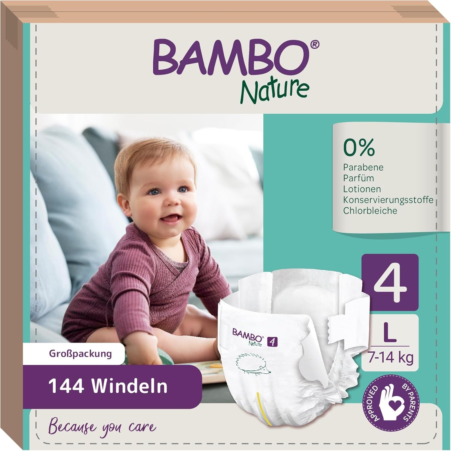 Pieluchy Bambo Nature dla niemowląt, rozmiar 4 (7-14 kg), 144 szt., opakowanie miesięczne | Pieluszki Premium ze zwiększoną ochroną przed wyciekami | Najwyższy komfort i swoboda dla aktywnych dzieci | Pieluszki testowane dermatologicznie
