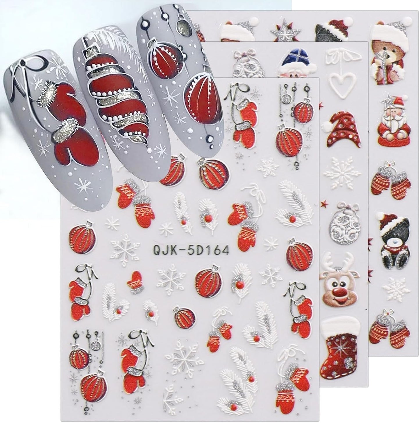 JMEOWIO 3D Nagelsticker Weihnachten Glitzer Nail Art Naklejka Selbstklebend Nagelaufkleber 5D Stereoskopisch Schneeflocke Winterurlaub Süß Dekoration Nageldesign Zubehör 4 Blatt