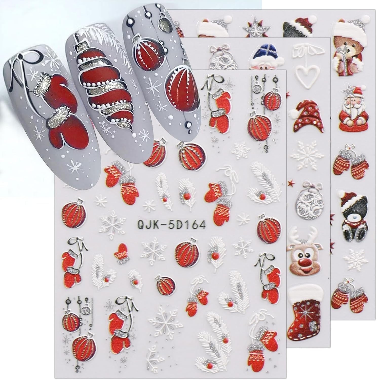 JMEOWIO 3D Nagelsticker Weihnachten Glitzer Nail Art Naklejka Selbstklebend Nagelaufkleber 5D Stereoskopisch Schneeflocke Winterurlaub Süß Dekoration Nageldesign Zubehör 4 Blatt