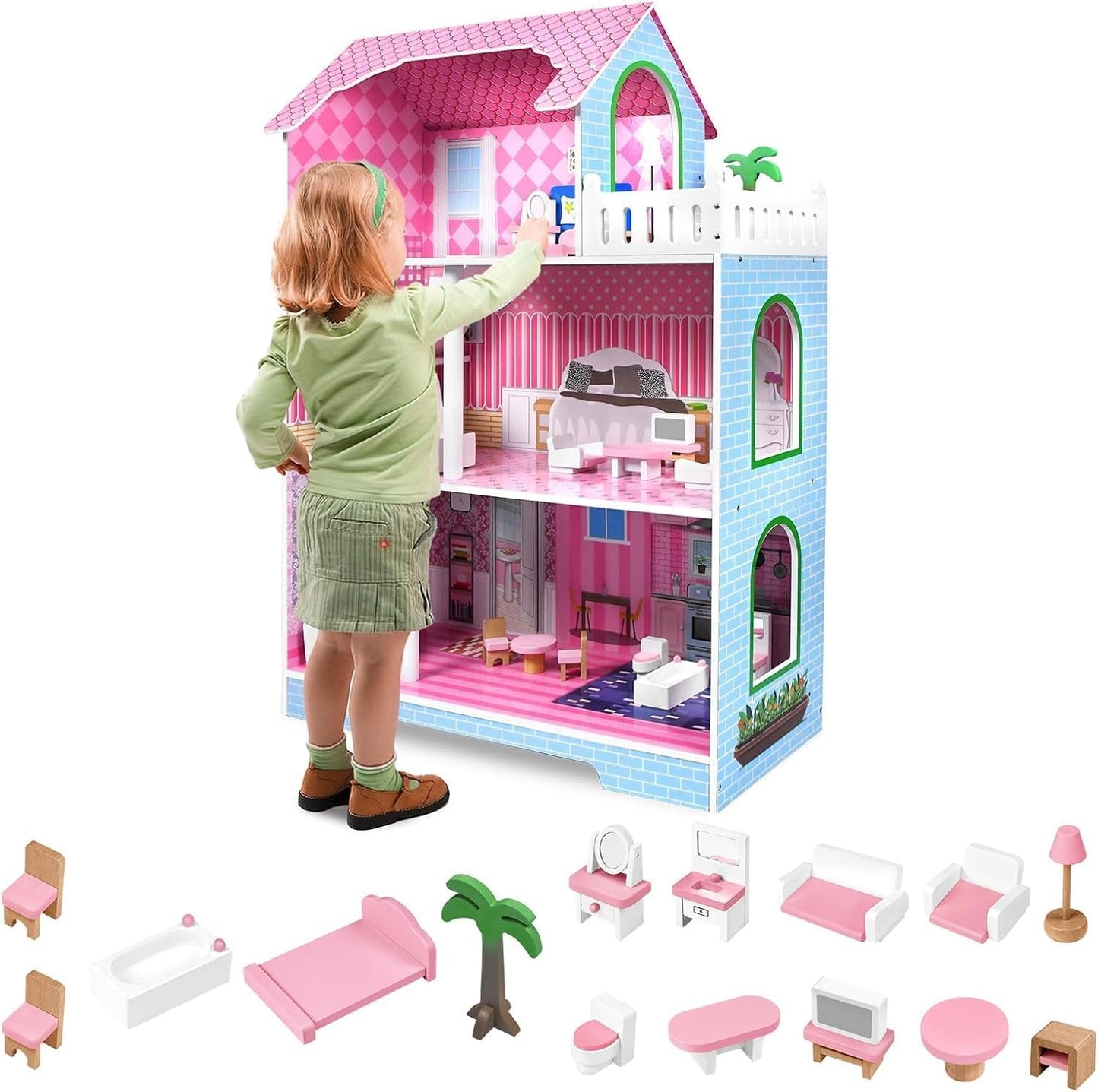 HENGMEI Puppenhaus Kinder Holz Puppenvilla Zestaw domków dla lalek Mädchen Spielset 3 Etagen Haus mit Möbeln und Zubehör, 70x30x100cm Puppenhäuser für Kinder (typ B)