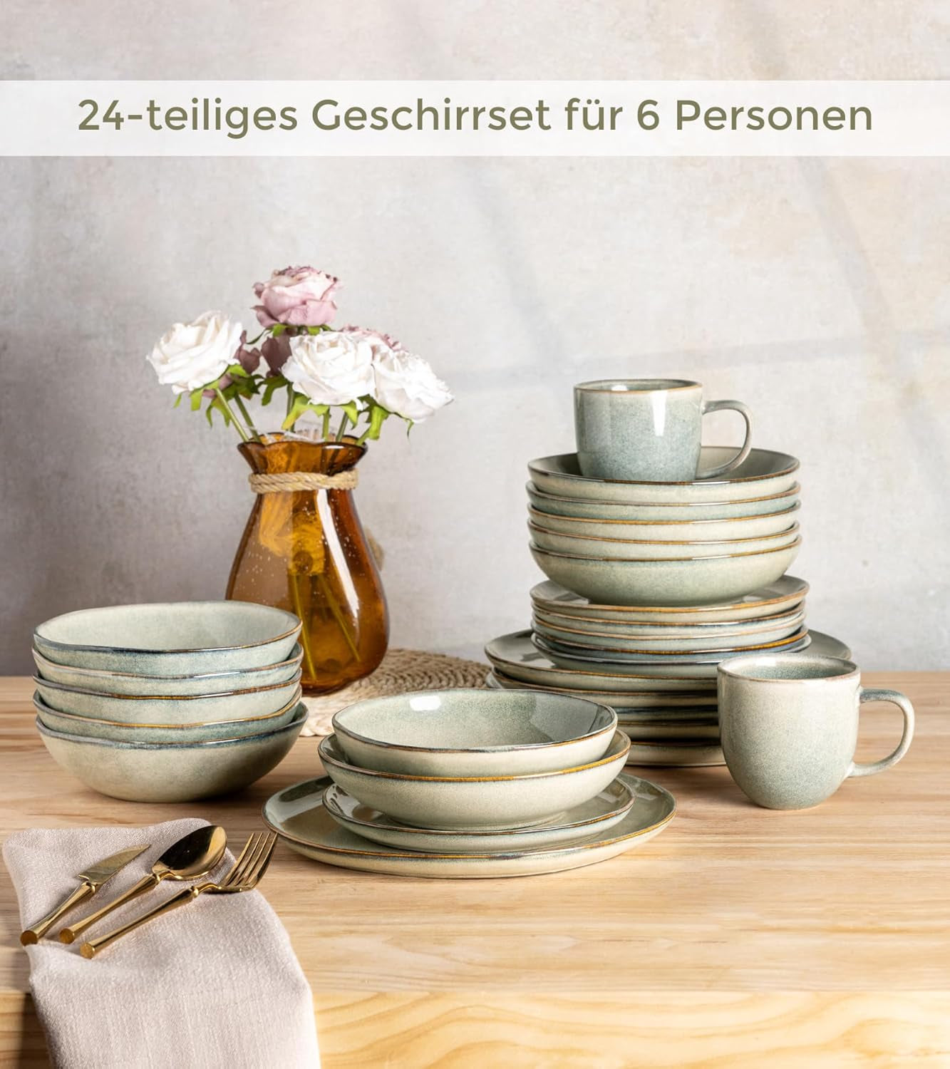 GBhome Zestaw ceramicznych naczyń obiadowych dla 6 osób 24-częściowy zestaw z glazurą reaktywną Ręcznie robiony zestaw misek i talerzy do kuchenki mikrofalowej i mycia w zmywarce Desret Sage GDW007GY-24P-EU