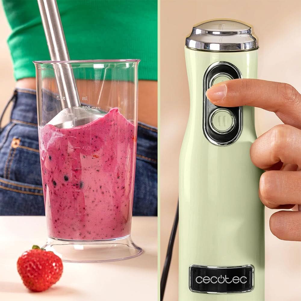 Cecotec Stabmixer Power Retrogreen 1200MAX Cream&Crush, Maximalleistung 1200 W, technologia Crossblades, 2 prędkości, Zubehörset Spülmaschinenfest, Spritzschutzhaube Kitchen Naty Shop