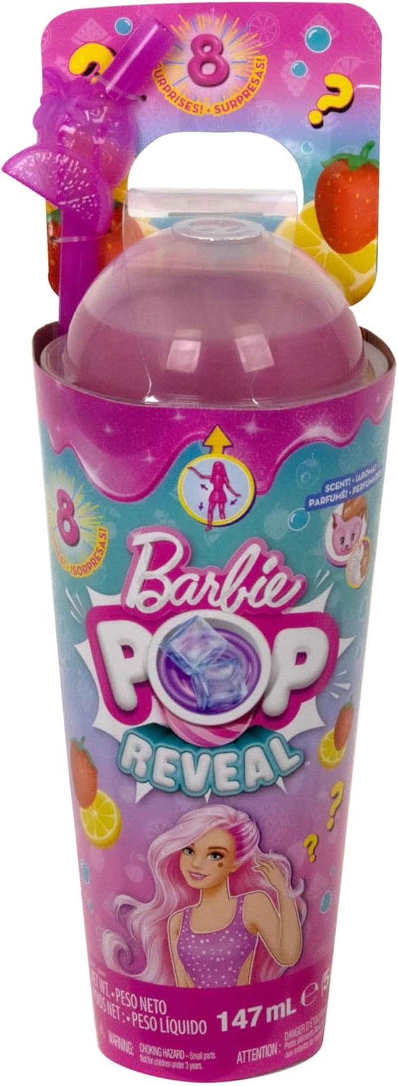 Barbie Pop Reveal Fruit — lalki-niespodzianki z 8 owocowymi niespodziankami, w tym lalką z zapachem truskawkowej lemoniady i puszystym szczeniakiem, od 3 lat, HNW41