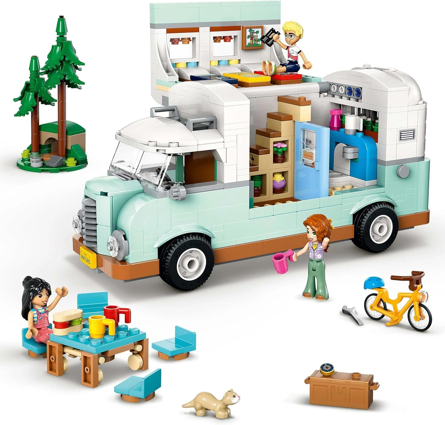LEGO Friends Przyczepa kempingowa, zestaw do budowania do odgrywania ról z przyczepą kempingową, prezent dla dziewczynek w wieku od 7 lat, kreatywny zestaw z 3 minifigurkami i figurką zwierzątka fretki 42663 Zestawy do budowania Besuche den LEGO-Store
