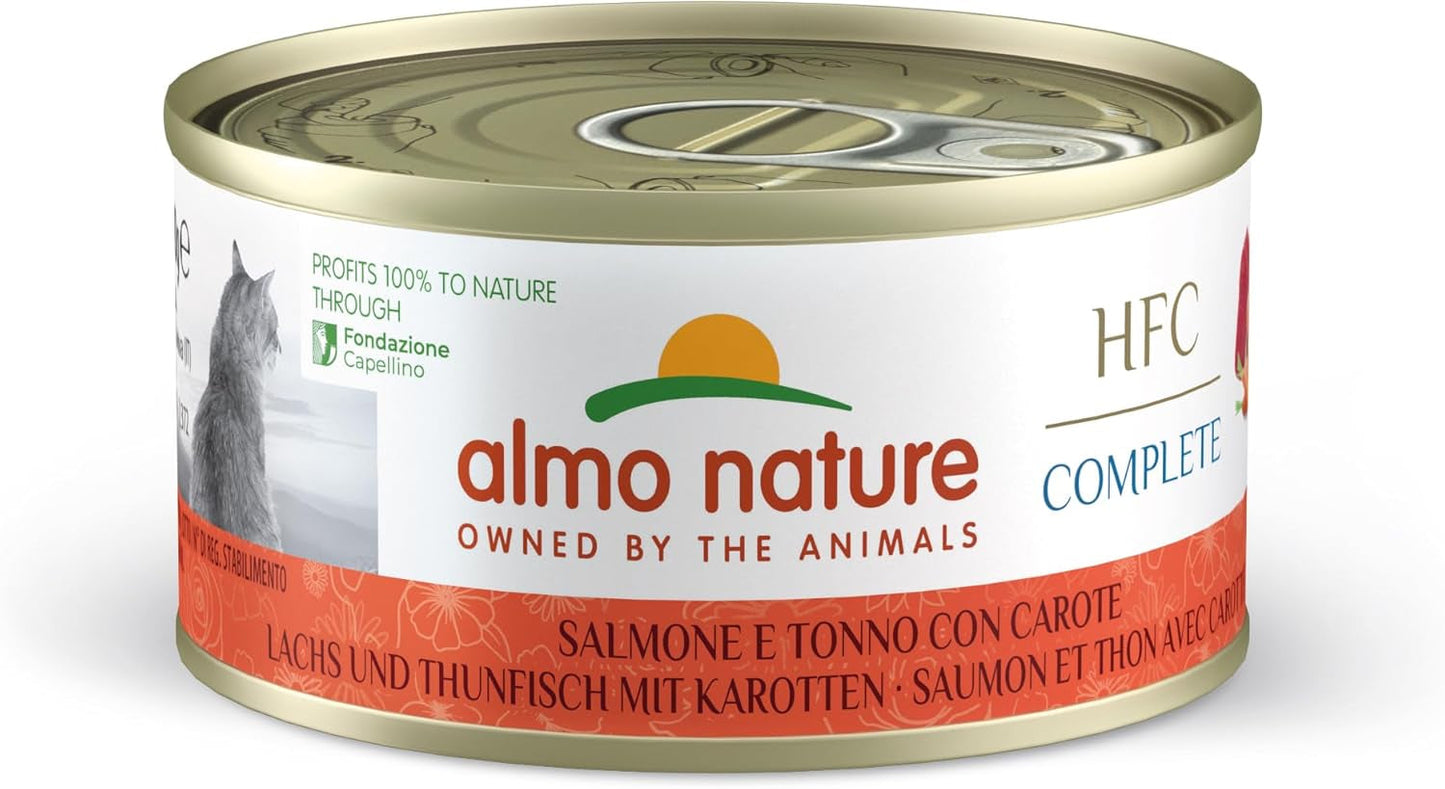 Almo Nature HFC Complete, Nassfutter für Erwachsene Katzen - Łosoś i Tuńczyk z Marchewką - Opakowanie mit 1,68 kg (24 x 70 g)