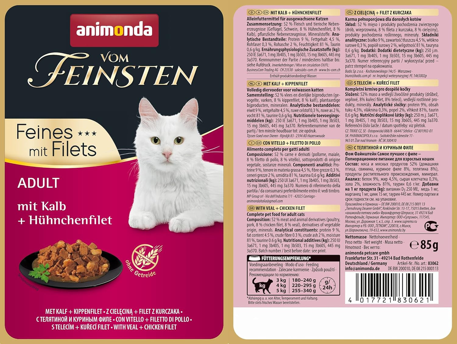 animonda vom Feinsten mit Filety, Katzenfutter nass mit Kalb + Hühnchenfilet, 18 porcji beutel (18 x 85 g), getreidefreies Katzen Nassfutter ohne Zucker, mit fleischigen Składnik