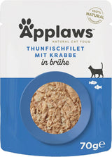 Applaws 100% naturalny Nassfutter für Katzen, Thunfischfilet mit Krabben in Brühe - Packung mit 12 x 70g Beuteln