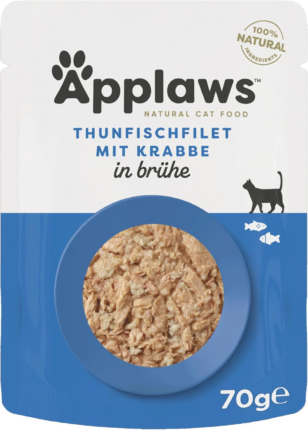Applaws 100% naturalny Nassfutter für Katzen, Thunfischfilet mit Krabben in Brühe - Packung mit 12 x 70g Beuteln