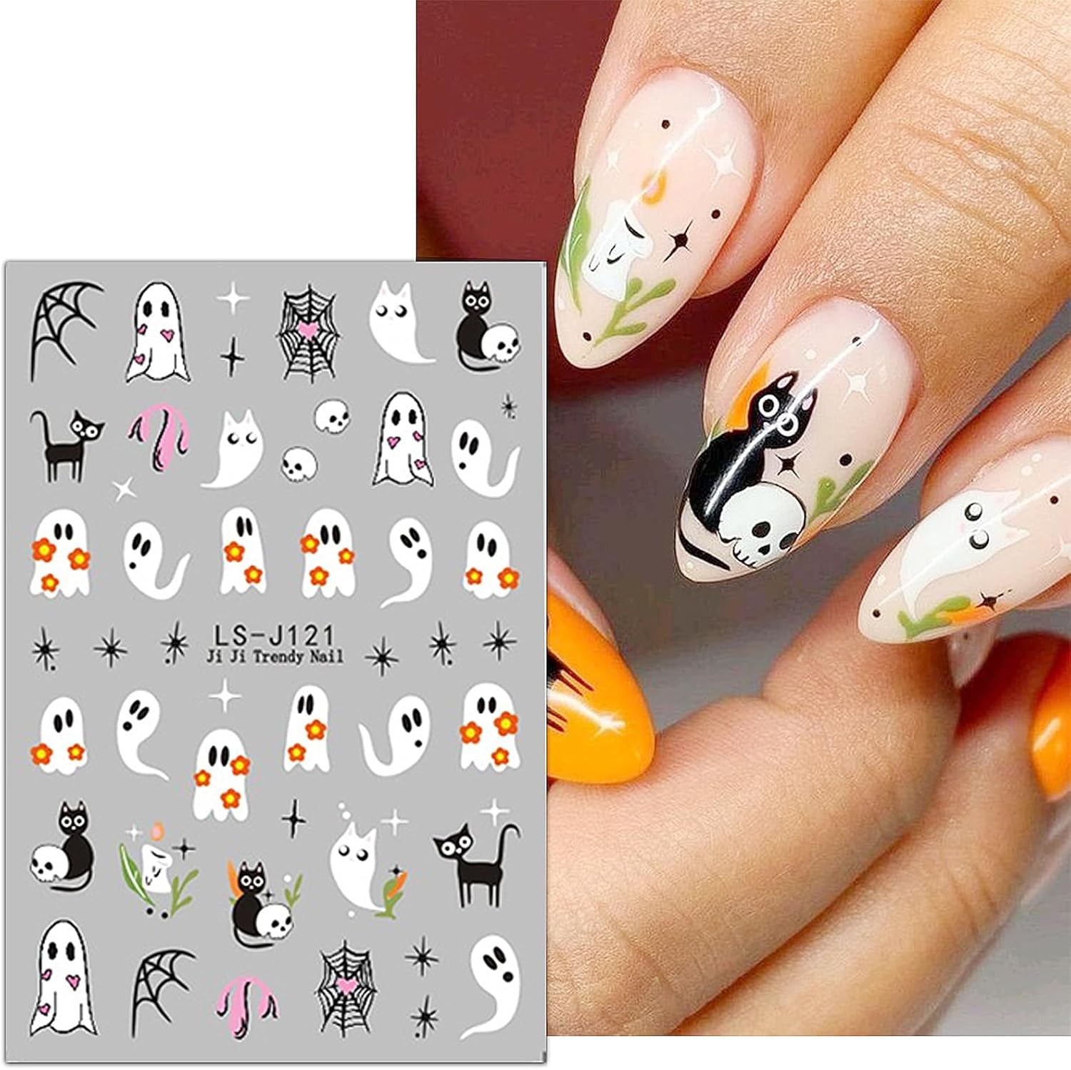 JMEOWIO Nagelsticker Halloween Süßer Geist 9 Blatt Nail Art Naklejka Selbstklebend Nagelaufkleber Dekoration Nageldesign Zubehör