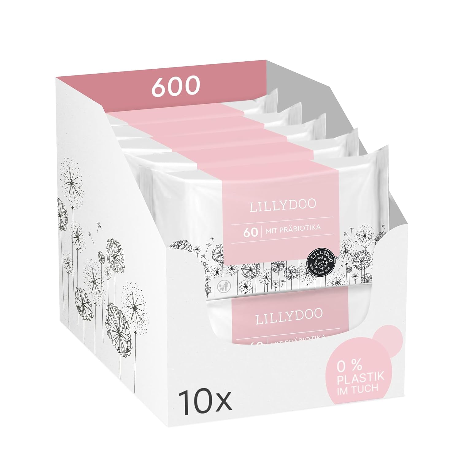 LILLYDOO Zielone chusteczki nawilżane, 600 szt. (10 x 60), odporne na rozdarcia chusteczki w 100% wolne od plastiku - bezzapachowe, delikatne i naturalne, delikatnie oczyszczają wrażliwą skórę, testowane dermatologicznie