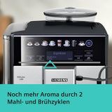 Automatyczny ekspres do kawy Siemens EQ.6 plus s300 TE653501DE, do wielu specjałów kawowych, spieniacz do mleka, młynek ceramiczny, podwójna funkcja kawy, zapobiega osadzaniu się kamienia, automatyczne czyszczenie parą, 1500 W, srebrny