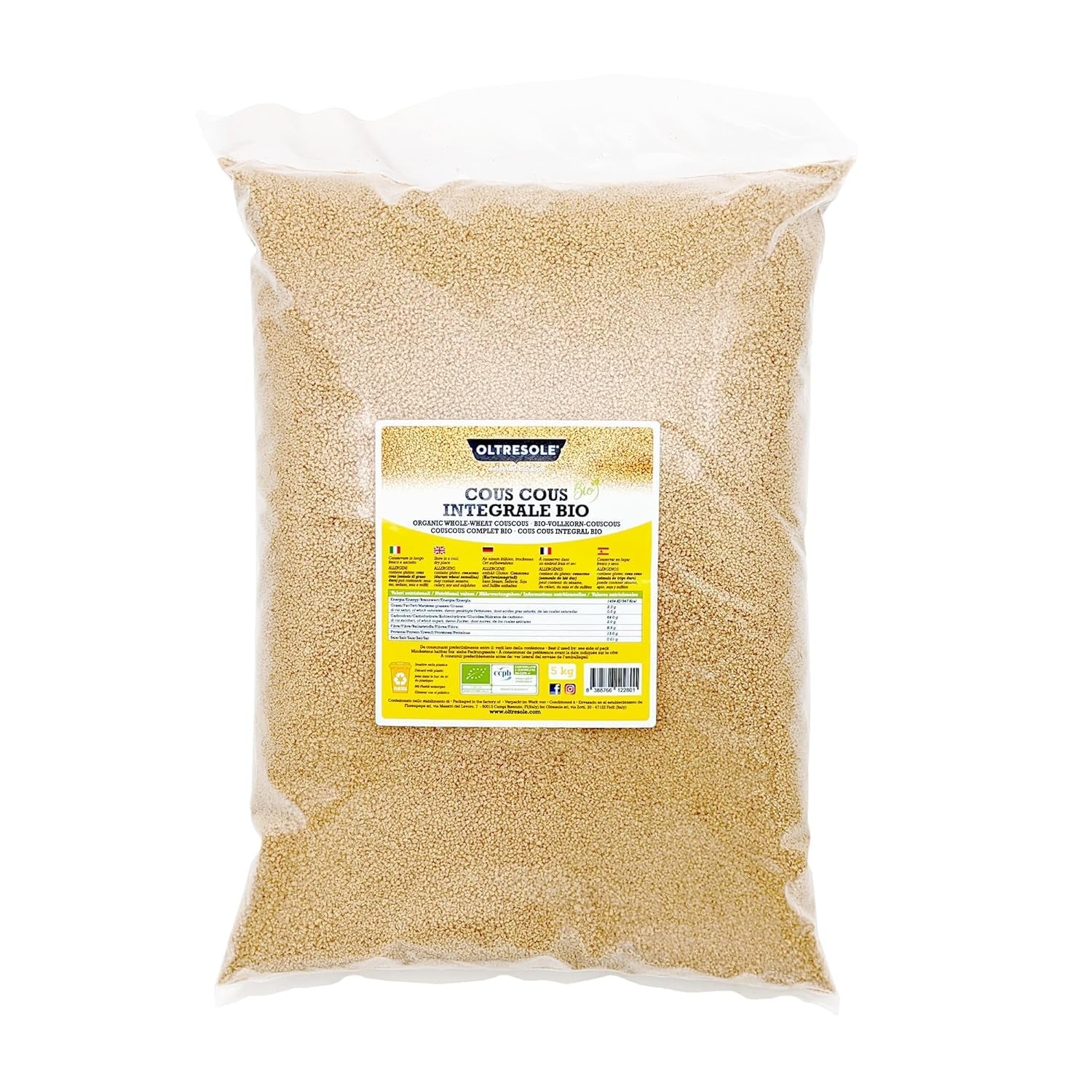 Ekologiczny kuskus pełnoziarnisty 5 kg, ekologiczna mąka pełnoziarnista z pszenicy durum, idealny do zdrowych przekąsek i dodatków, wygodny rozmiar