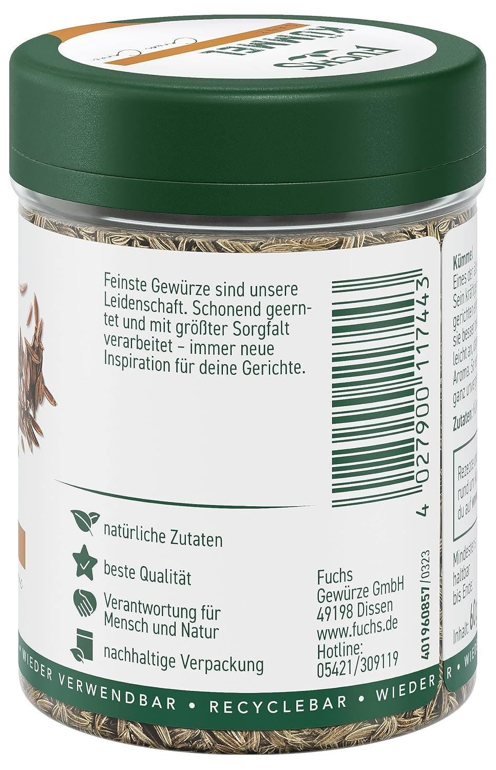 Fuchs Gewürze - Kümmel ganz - kräftiges Gewürz für Kohl- und Fleischgerichte oder zu Bratkartoffeln - naturalny Składnik - 60 g w wiederverwendbarer, recyclebarer Dawka