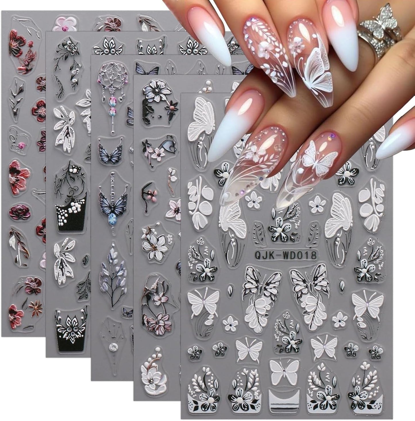 JMEOWIO Nagelsticker Schwarz Weiße Blume 6 Blatt Nail Art Naklejka Selbstklebend Nagelaufkleber Frühling Letnia dekoracja kwiatowa Nageldesign Zubehör