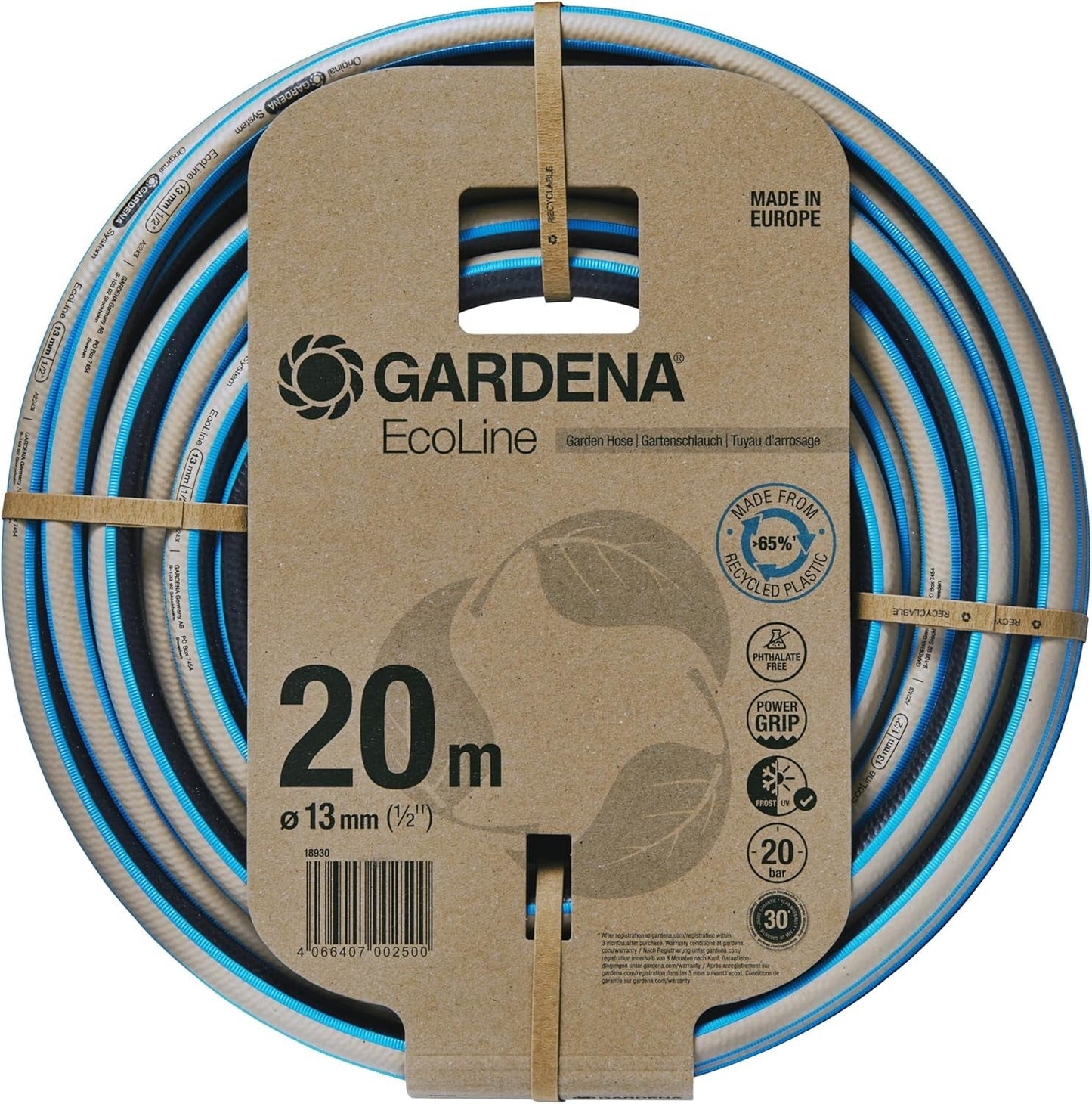 Wąż Gardena EcoLine 1/2 cala, 20 m bez elementów systemowych: Ekologiczny wąż ogrodowy wykonany z tworzywa sztucznego pochodzącego z recyklingu, wolny od ftalanów i substancji zanieczyszczających, z mocnym uchwytem, ​​odporny na mróz i promieniowanie UV (18930-20)