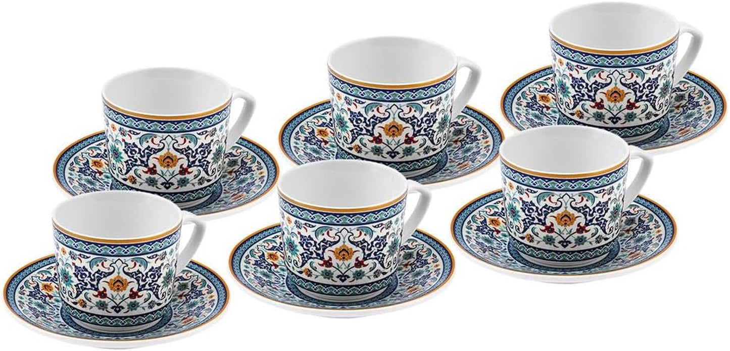 KARACA Beylerbeyi - 12-częściowy zestaw filiżanek do kawy po turecku Zestaw 6 porcelanowych filiżanek do espresso ze spodkami Zestaw filiżanek do espresso 80 ml Tradycyjny design - niebieski