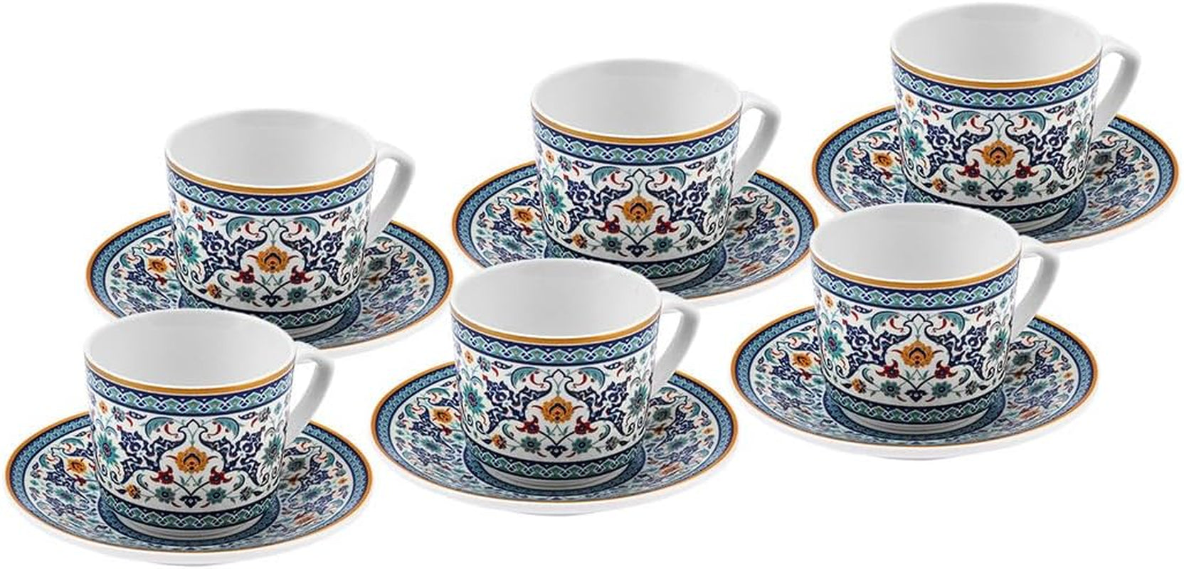 KARACA Beylerbeyi - 12-częściowy zestaw filiżanek do kawy po turecku Zestaw 6 porcelanowych filiżanek do espresso ze spodkami Zestaw filiżanek do espresso 80 ml Tradycyjny design - niebieski