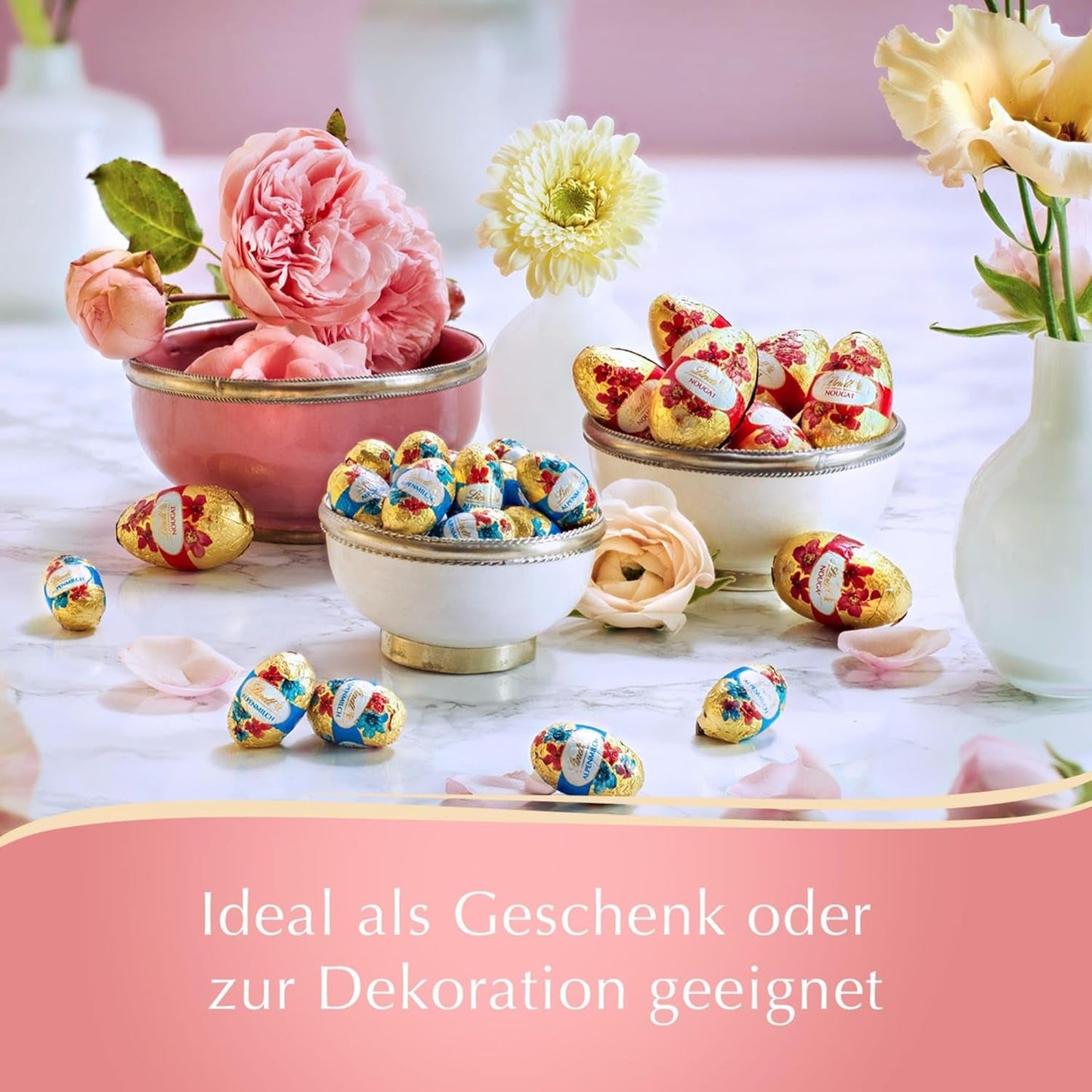 Jajka Lindt Nougat Edition Kwiat 90g | Nugat z orzechów laskowych w delikatnej mlecznej czekoladzie | Wiosenny projekt pisanek | Czekolada Wielkanocna | Czekoladowe Jajka | Prezent czekoladowy | Pomysł na prezent