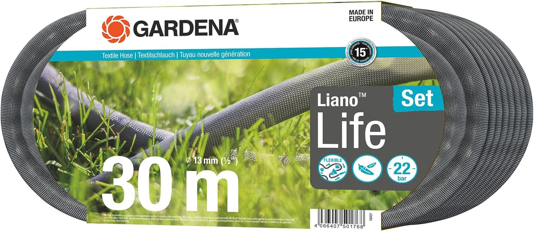 Gardena Liano Life 1/2 cala wąż tekstylny, zestaw 30 m: Niezwykle elastyczny tekstylny wąż ogrodowy z wężem wewnętrznym z PVC, nie załamujący się, lekki, odporny na warunki atmosferyczne (18457-20)