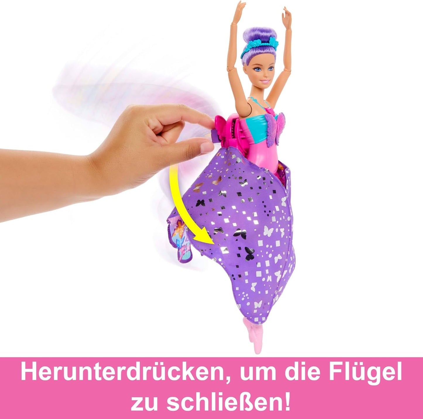 Barbie Tancerka i Motyl 2 w 1 Przemieniająca tancerkę w motyla z otwieranymi skrzydłami, fioletowymi włosami, akcesoriami do włosów i odpinaną spódniczką Tutu, HXJ10