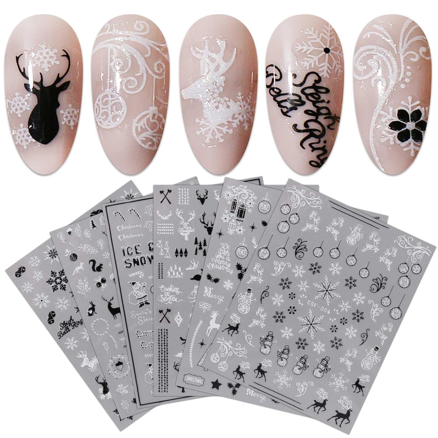 JMEOWIO Nagelsticker Weihnachten 9 Blatt Nail Art Naklejka Selbstklebend Nagelaufkleber Schneeflocke Schneemann Festival Weißes Gold Dekoration Nageldesign Zubehör