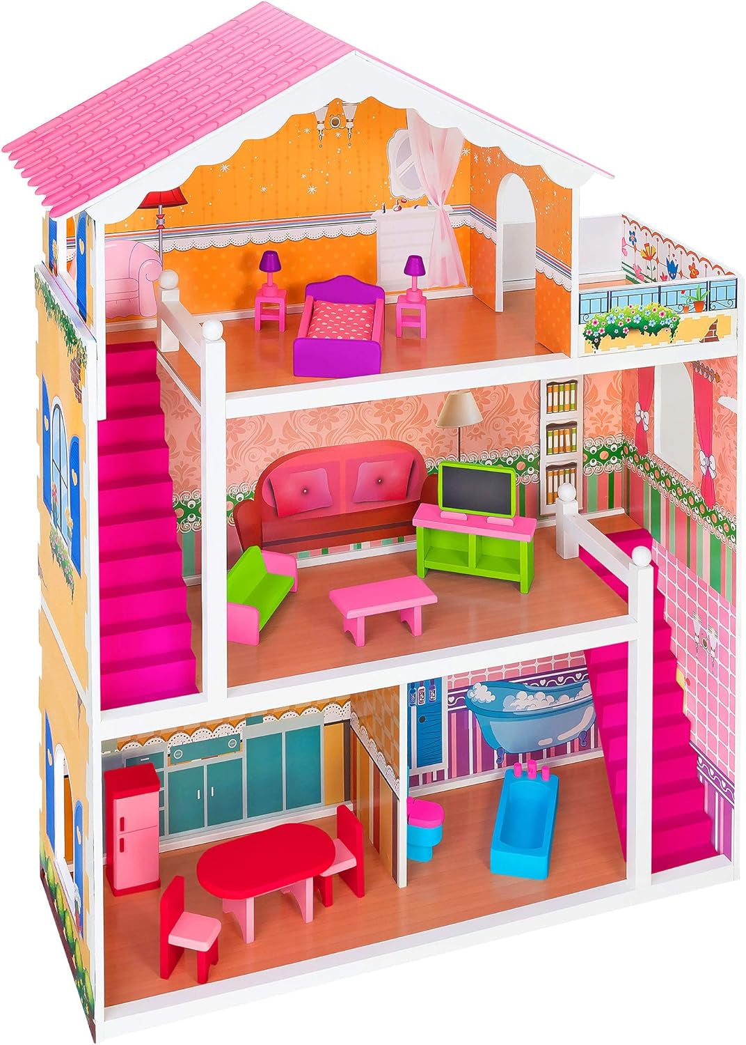 37916 - Domek dla lalek - drewno - 3 półki, - 17 akcesoriów Domki dla lalek Naty Shop Domyślny tytuł