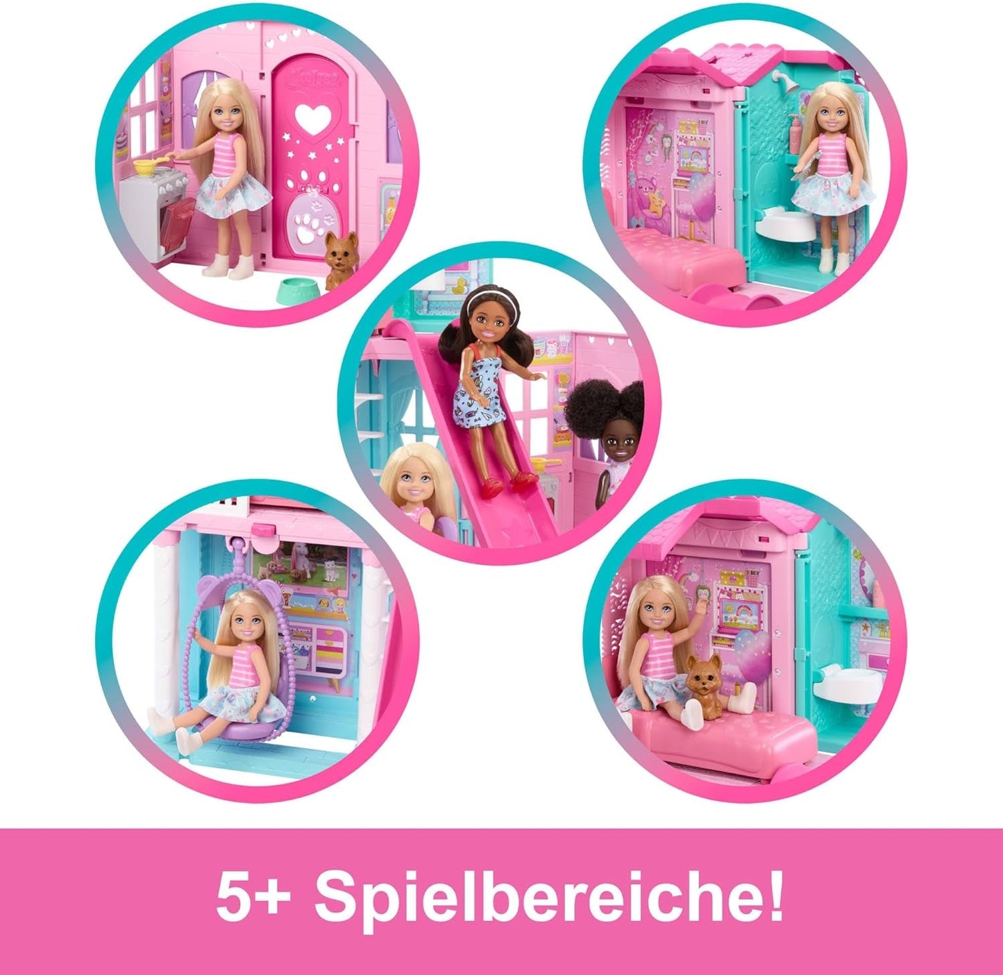 Domek dla lalek Barbie Chelsea z ponad 15 akcesoriami, wysuwany domek powiększa się do ponad 42 x 33 cm z 5 obszarami do zabawy i zjeżdżalnią, z małą lalką i psem, JFW49