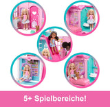 Domek dla lalek Barbie Chelsea z ponad 15 akcesoriami, wysuwany domek powiększa się do ponad 42 x 33 cm z 5 obszarami do zabawy i zjeżdżalnią, z małą lalką i psem, JFW49