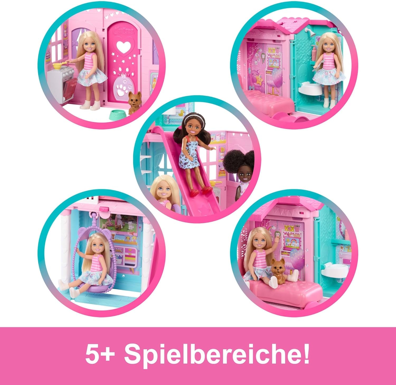 Domek dla lalek Barbie Chelsea z ponad 15 akcesoriami, wysuwany domek powiększa się do ponad 42 x 33 cm z 5 obszarami do zabawy i zjeżdżalnią, z małą lalką i psem, JFW49