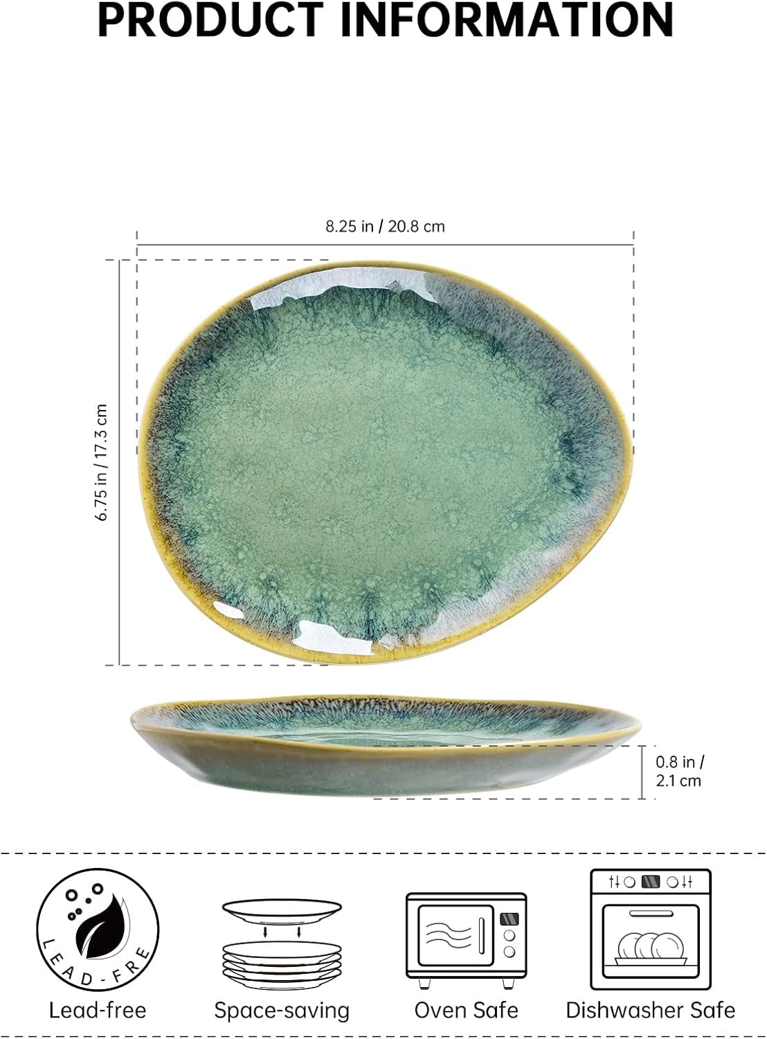 Henten Home Specjalne talerze kamionkowe, miski na przekąski i sosy - 20x17cm dla 4 osób, porcelanowe talerze śniadaniowe - nowoczesny zielony design