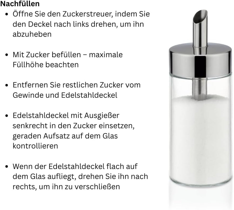 Szklany shaker Tescoma ze szczotkowanej stali nierdzewnej, idealny do białego/brązowego cukru, 225 ml