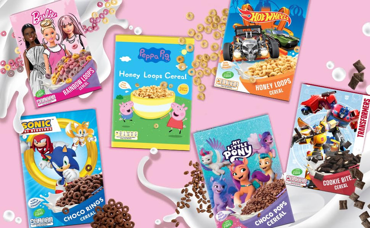 Barbie Rainbow Loops płatki zbożowe, kolorowe krążki pszenicy, owsa i kukurydzy o smaku owocowym na idealne śniadanie, 1 opakowanie (1 x 350g)