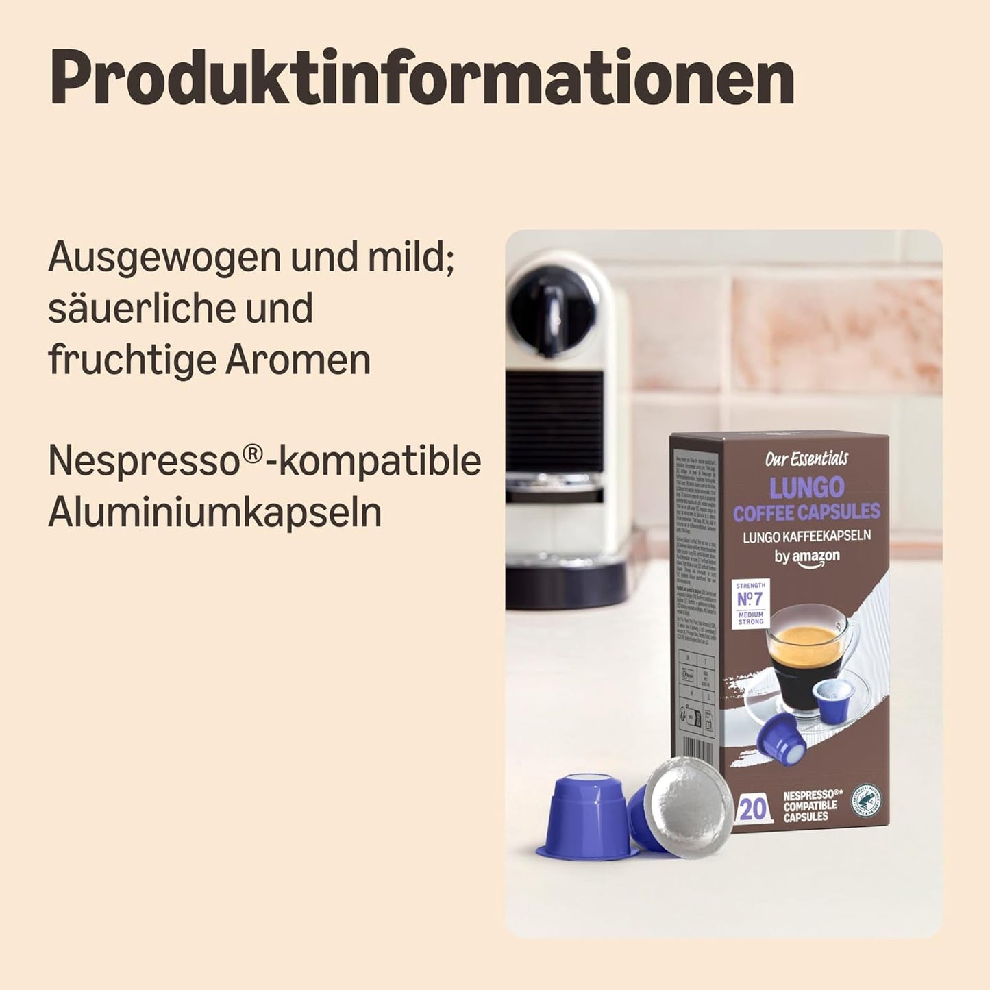 by Amazon Lungo Kaffee-Kunststoffkapseln, kompatybilny z Nespresso, 20 Stück, Packung mit 1 – zertifiziert Rainforest Alliance