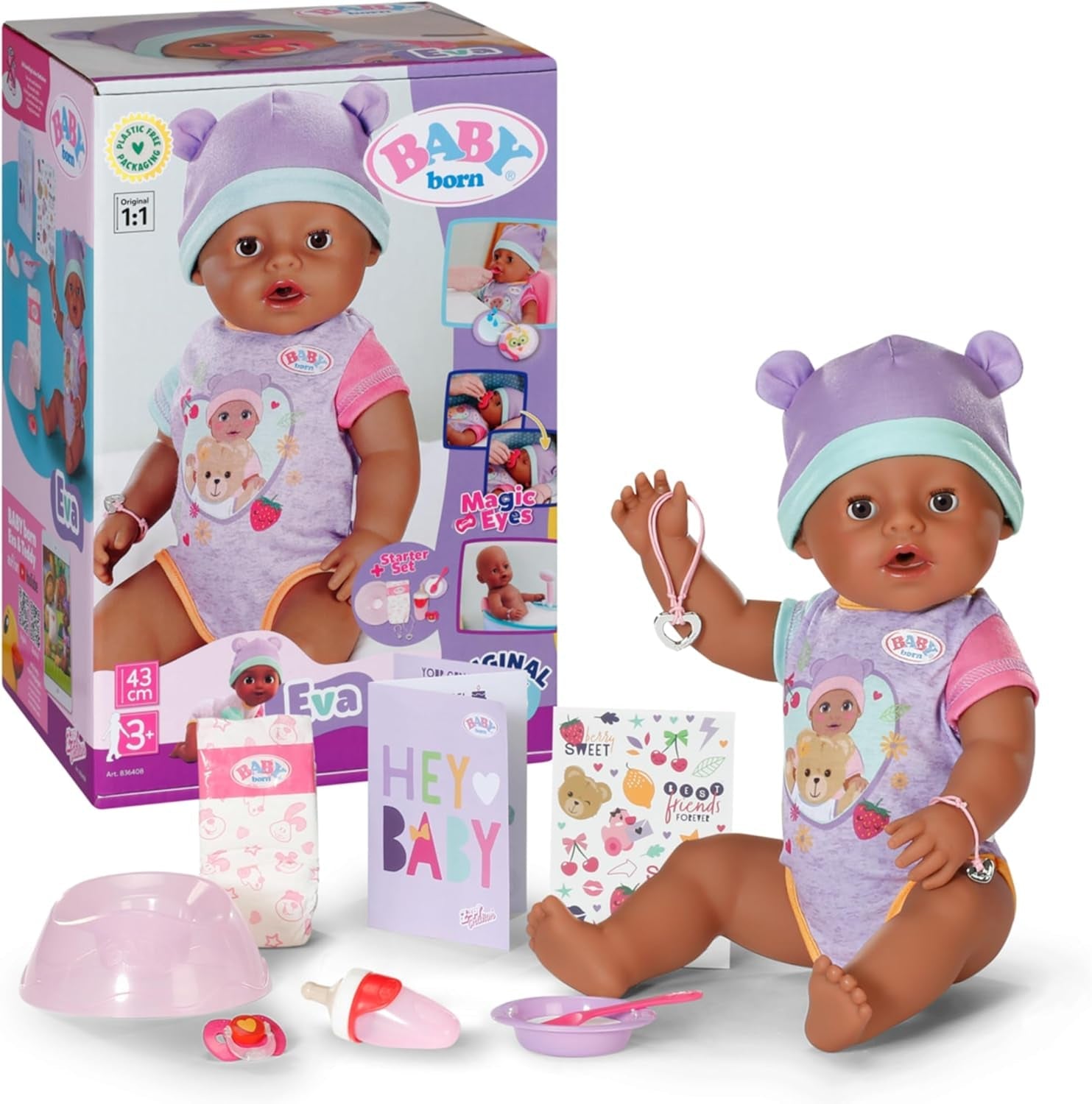 BABY Born Eva 43Cm, lalka z 10 funkcjami i dodatkami, dla dzieci od 3 lat, działa bez baterii, duża lalka 43Cm, 836408 Zapf Creation Dolls Naty Shop Domyślny tytuł
