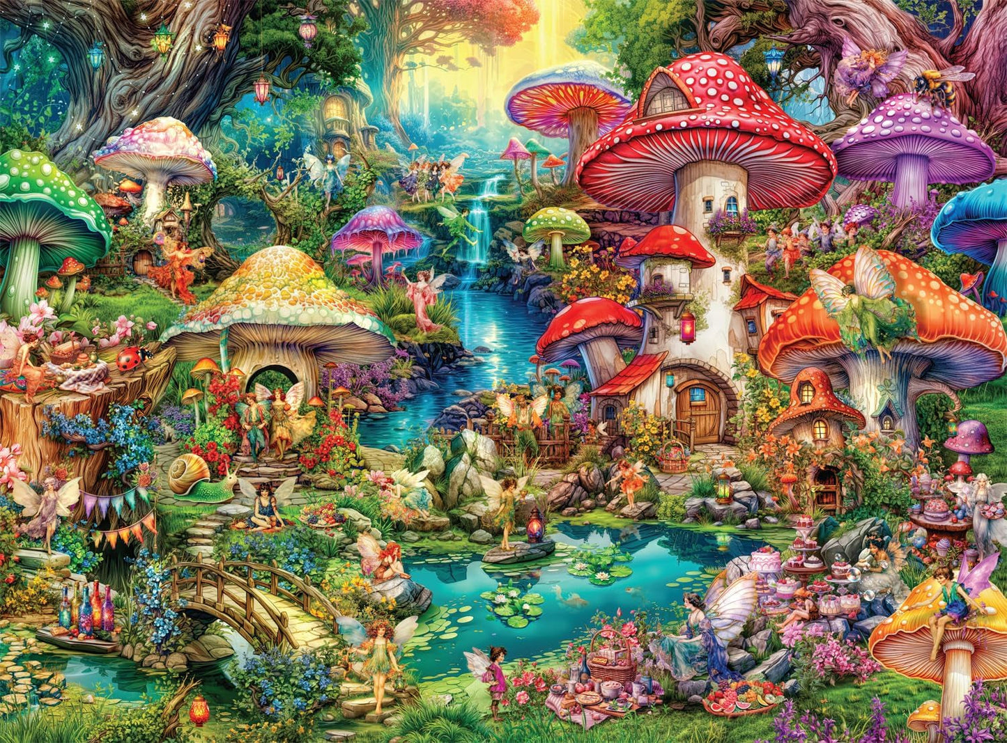 Gry Buffalo - Aimee Stewart - Wesoły piknik w wiosce grzybów - 1000 elementów puzzli dla dorosłych, wymagające puzzle, idealne na wieczory gier - gotowe Rozmiar 26,75 x 19,75 cm Puzzle Naty Shop Domyślny tytuł