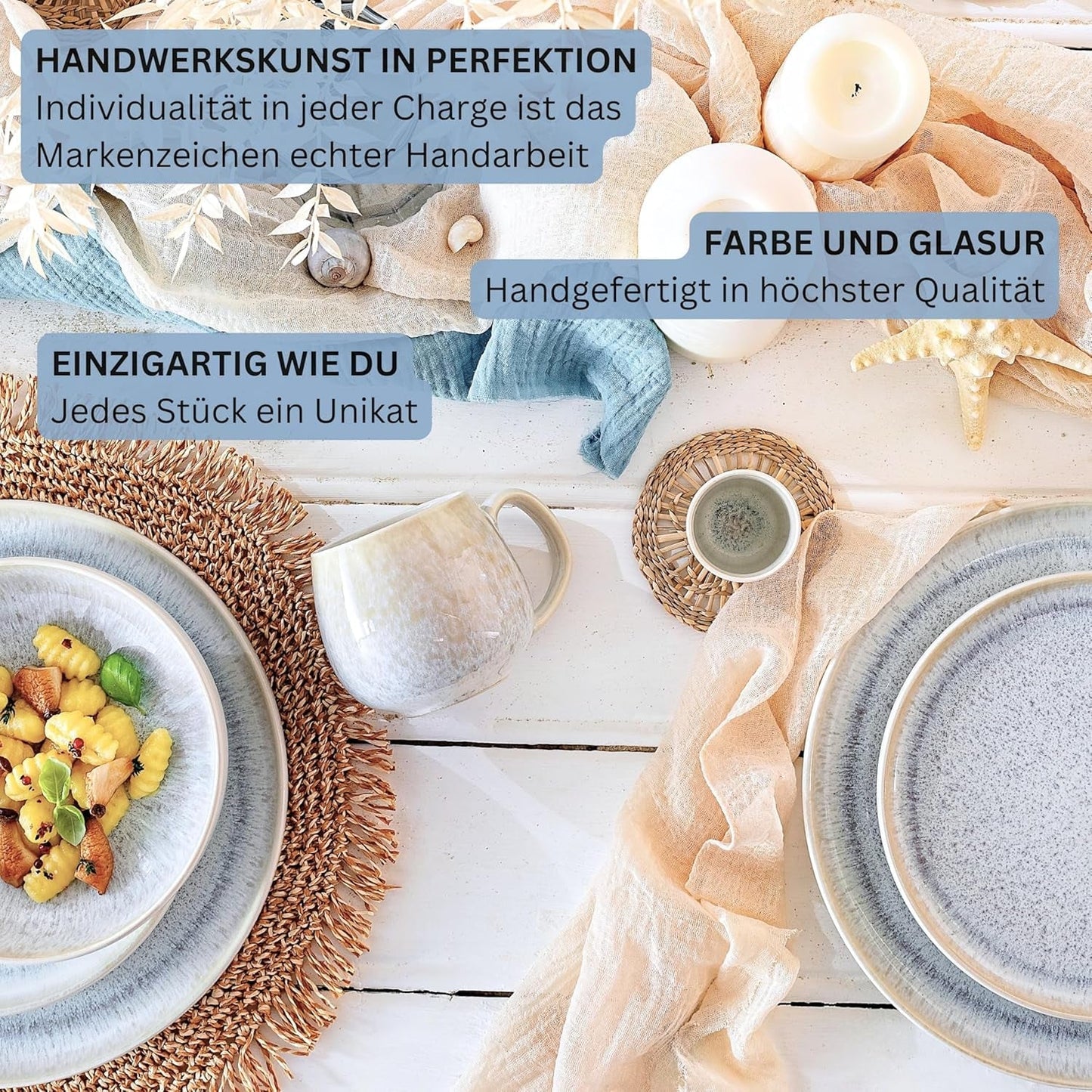 SANGER | 12-częściowy zestaw naczyń obiadowych Santorini Zestaw talerzy na 4 osoby BARDZO DOBRA Ocena Zestaw naczyń obiadowych z kamionki, w tym talerze obiadowe, talerze deserowe i talerze suma Kremowo-liliowy gradient | KOLEKCJA PREMIUM