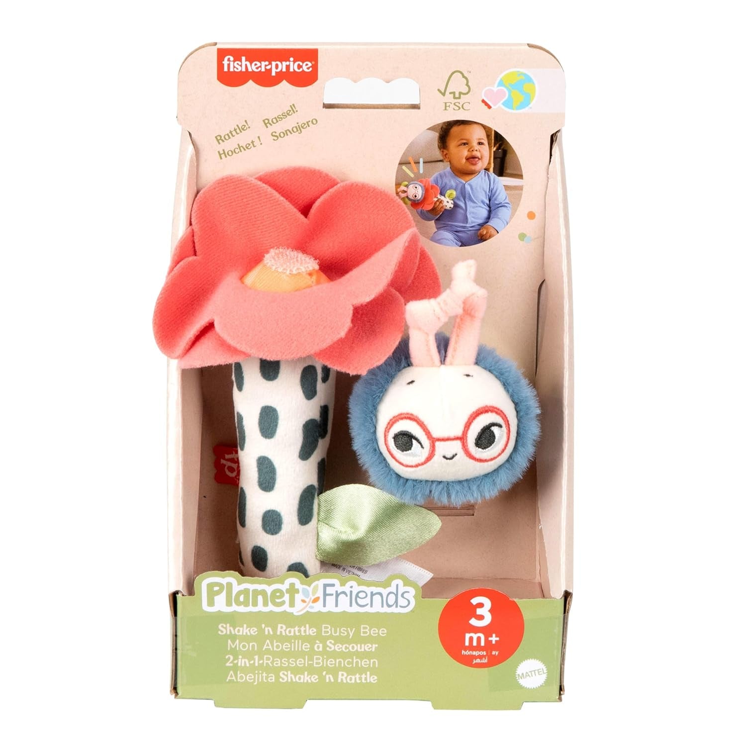 Zabawka dla dziecka Fisher-Price Planet Friends Pluszowa zabawka sensoryczna 2 w 1 z dzwonkiem i pszczółką jako dwuczęściowy zestaw dla noworodków do 3 miesiąca życia, HYR56 Baby Toys Naty Shop
