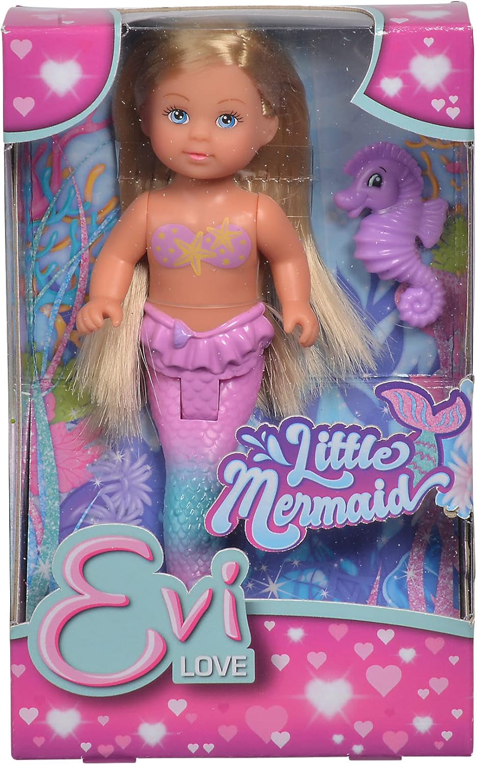 Simba 105733424 - Evi Love The Little Mermaid, różne 2 sposoby, zostanie dostarczony tylko JEDEN przedmiot, Evi jako syrenka, ruchoma płetwa ogonowa, z konikiem morskim, lalka modowa 12 cm, wiek 3+