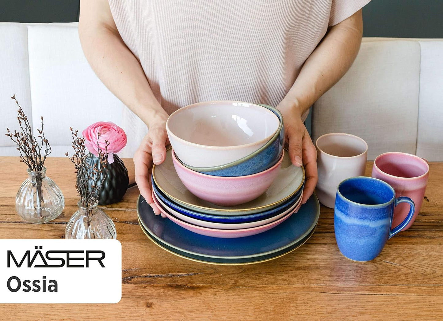 MĘSER 931736 Zestaw obiadowy dla 4 osób w śródziemnomorskim stylu vintage, łączony serwis z 16 elementami w kolorze piaskowoszarym, ceramicznym i piaskowoszarym