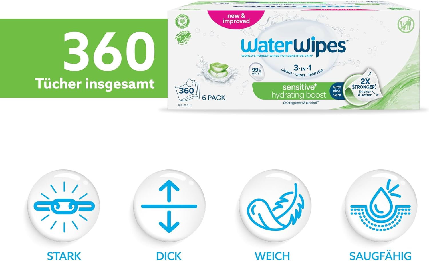 WaterWipes Sensitive+ Hydrating Boost Chusteczki nawilżane, Chusteczki nawilżające, 360 sztuk (6 szt.), 3 w 1 Czyszczenie, pielęgnacja, nawilżanie, 99% wody z aloesu, bezzapachowe chusteczki dla dzieci