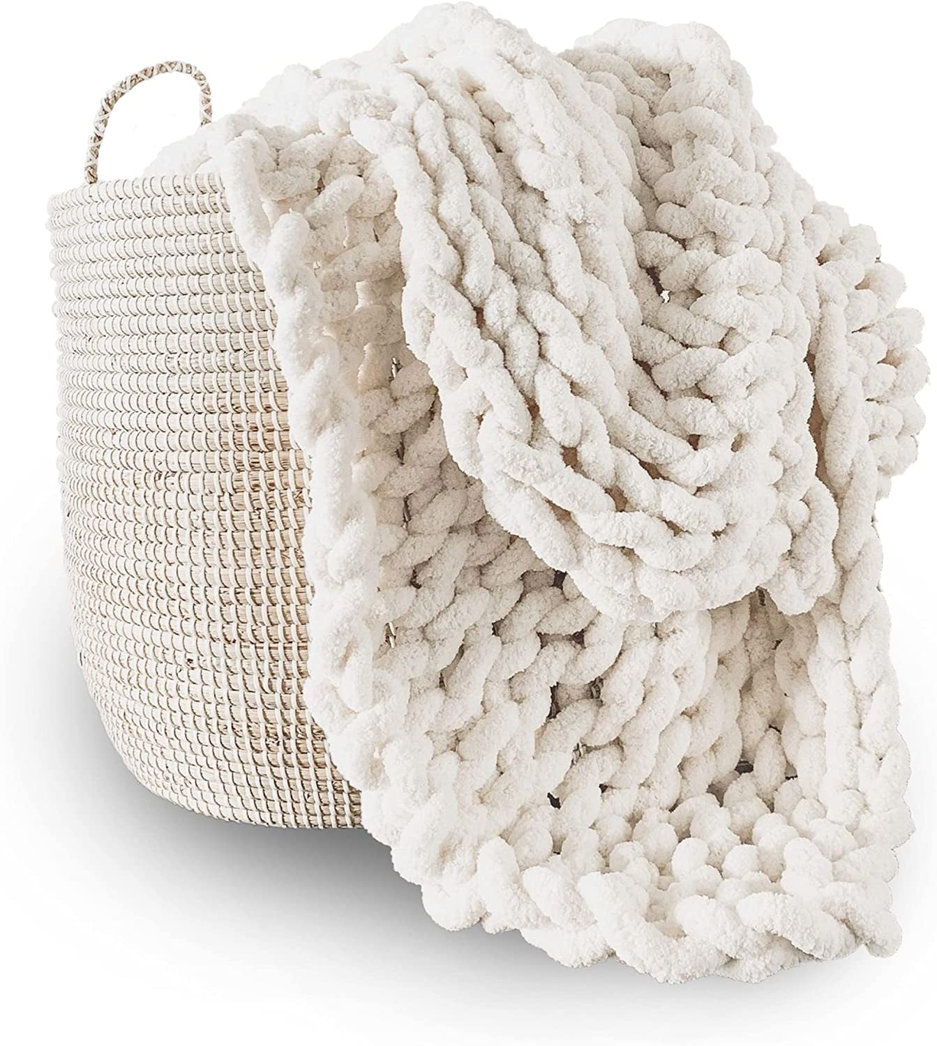 Gruby koc robiony na drutach, narzuta, 100% ręcznie robiony na drutach z przędzy szenilowej jumbo (127 x 152,4 cm, liliowo-szary) Łóżka i kołdry Adyrescia Kremowo-biały 60 „X80”